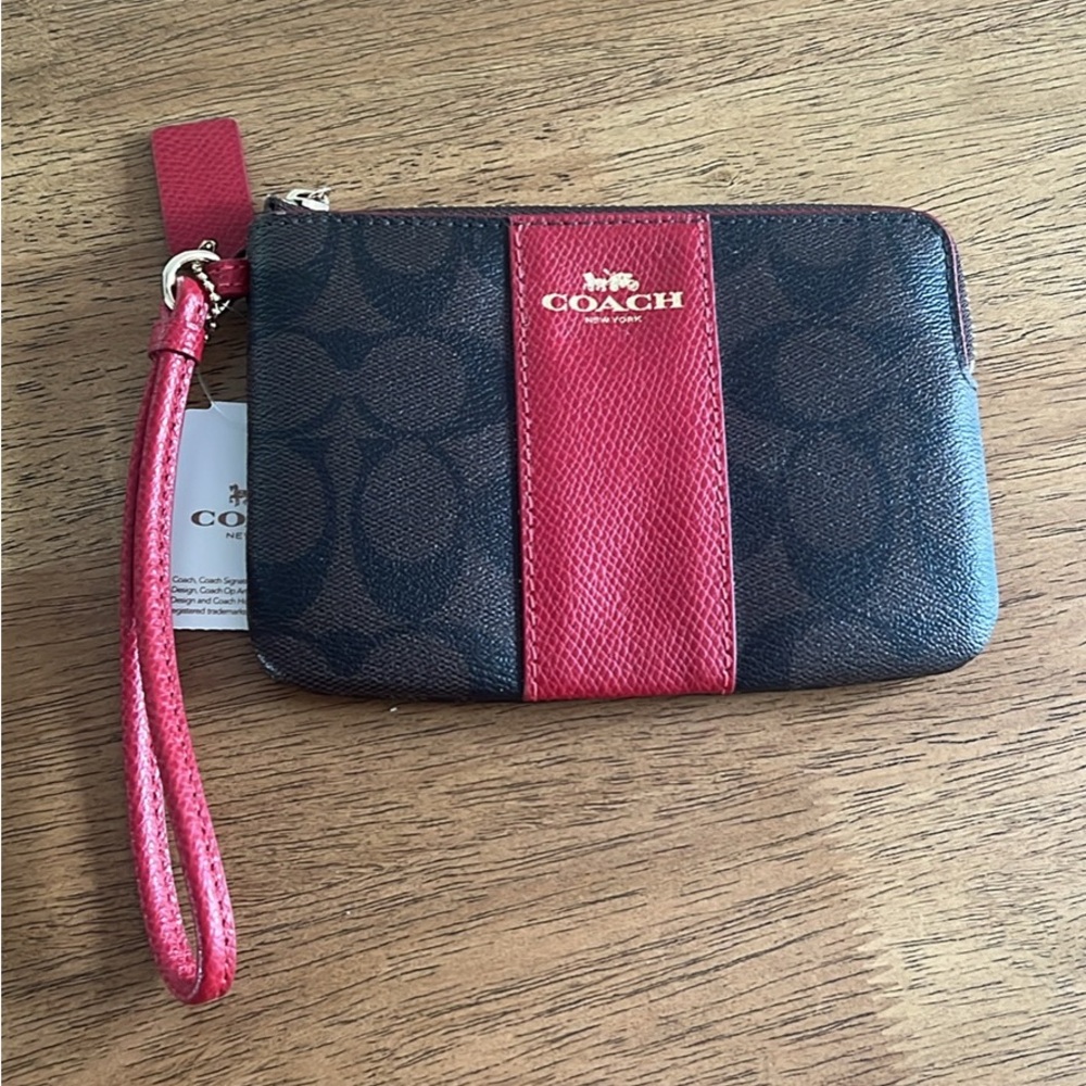 Coach Signature Wristlet in Red and Brown